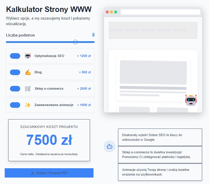 Kalkulator wyceny strony internetowej